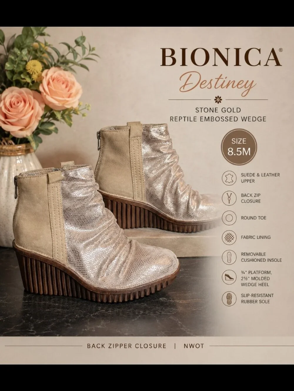 BIONICA Womens Destiney Stone Gold Reptile Embossed Wedge 8.5M Nwot